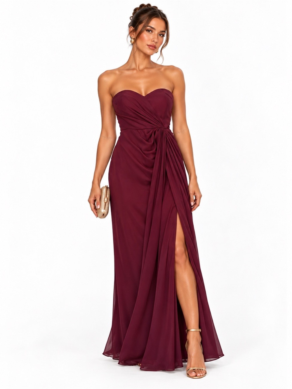 BILL LEVKOKK Strapless Burgundy Evening Gown Wedding Bridesmaid Formal Black Tie